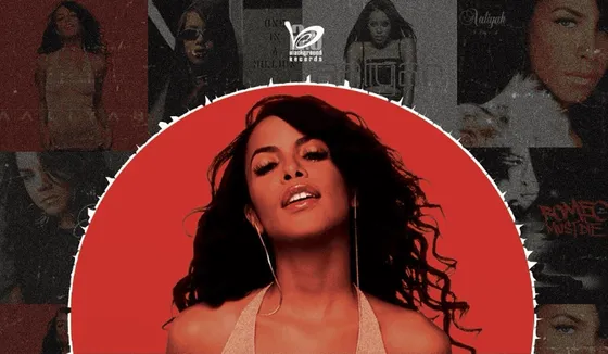 Aaliyah framed by a red arch over a collage of Blackground Records album art