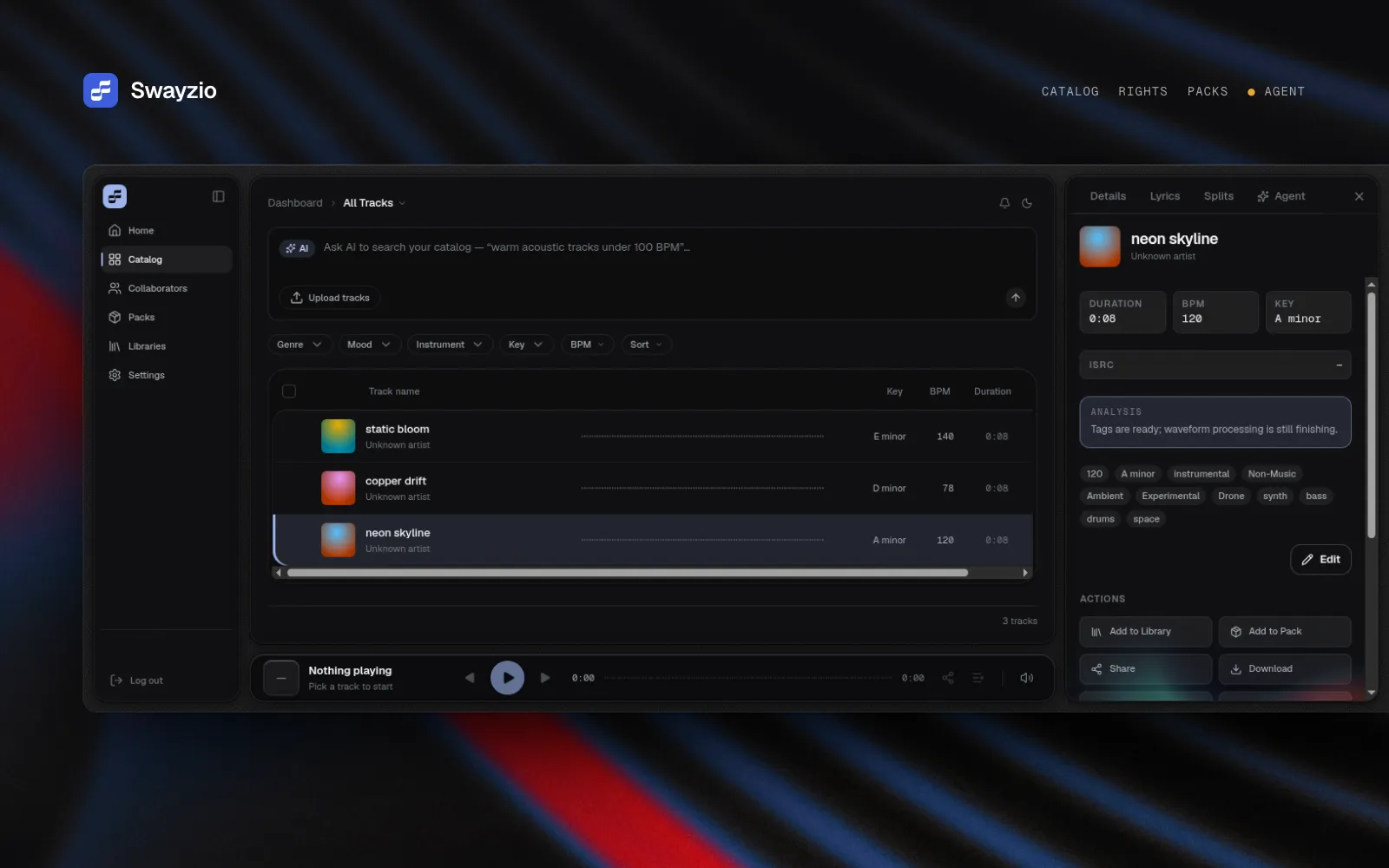 Swayzio catalog view with AI search, track list, and inspector over an orange and blue thermal gradient